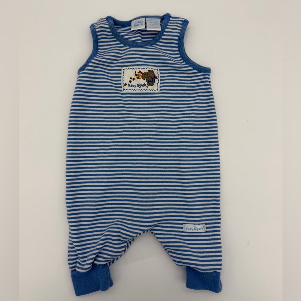 Vintage Baby B'Gosh Blue Striped Romper Squirrel Acorn Patch 90s 0-3M